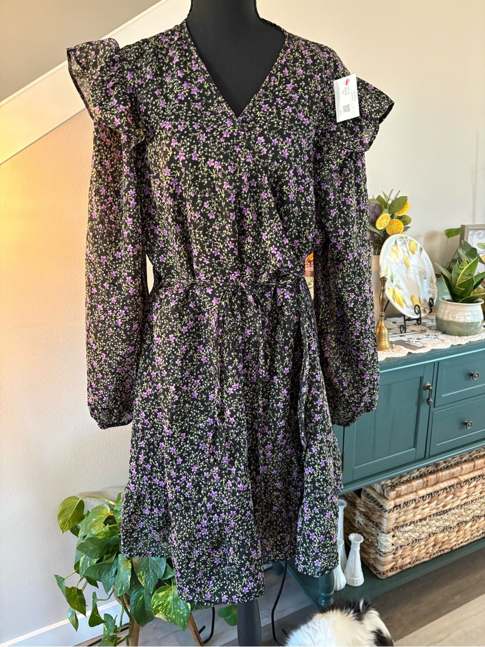 Nasty Gal Black Dress with Purple Floral Print and Ruffle Sleeves